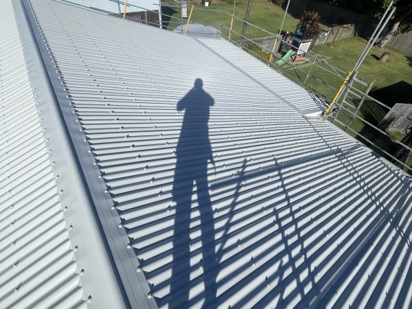 Every screw seated and lined up on a newly sheeted metal roof